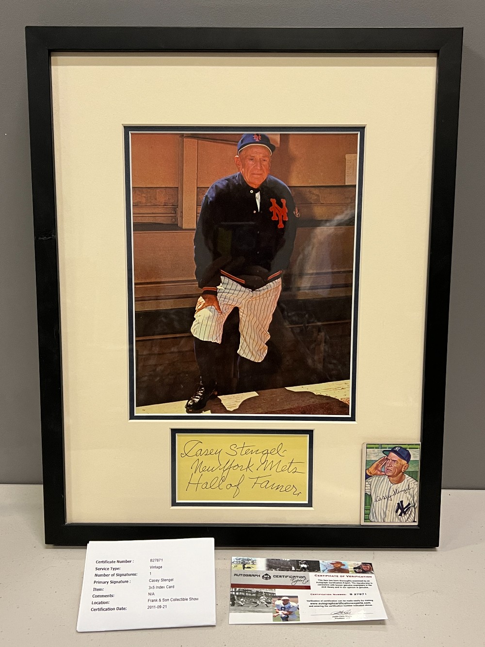 Casey Stengel Picture, Frame: 14 ¼” x 18” H, “New York Mets, Hall of Famer”, Signed 3x5 Index Card, Autograph Certification Experts
