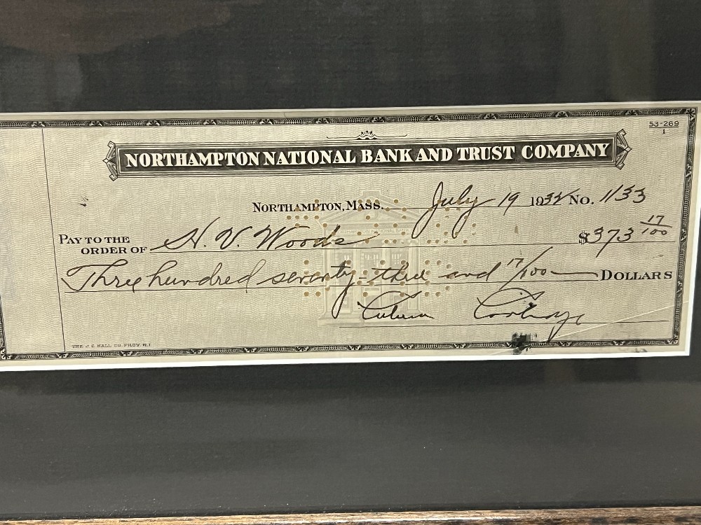 Calvin Coolidge, Frame: 13 ⅞” x 21 ⅜” H, Picture and 8.25 x 3 Check for $373.17, July 19, 1932 to H. V. Woode, R&R Enterprises With COA