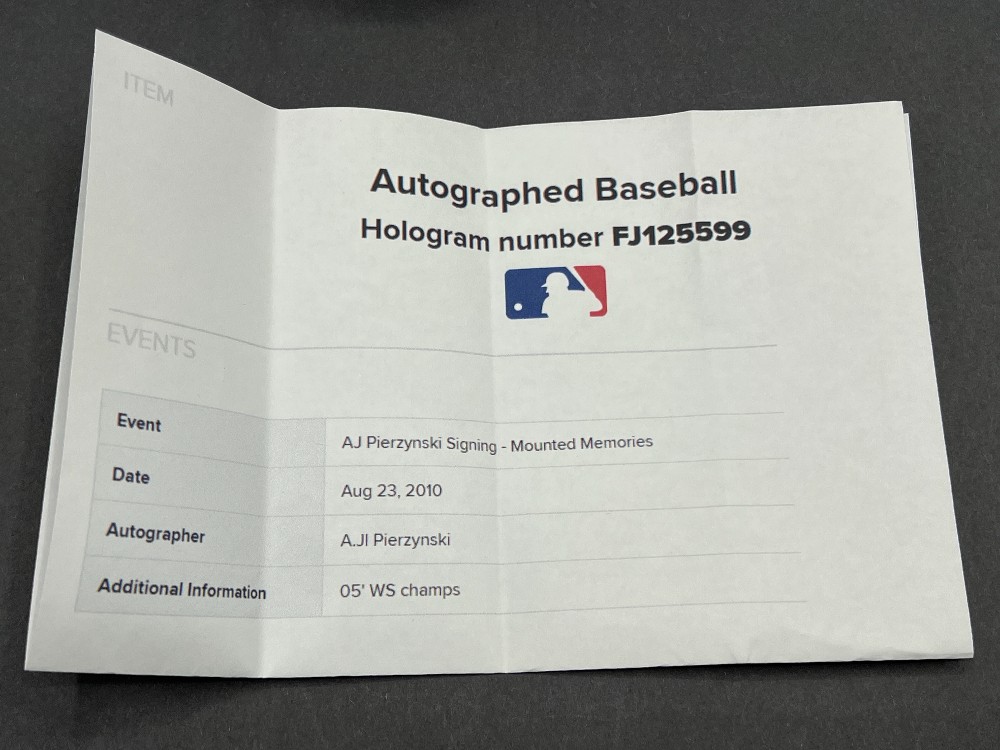 A.J. Pierzynski Autographed Baseball “‘05 WS Champs”, MLB, Mounted Memories