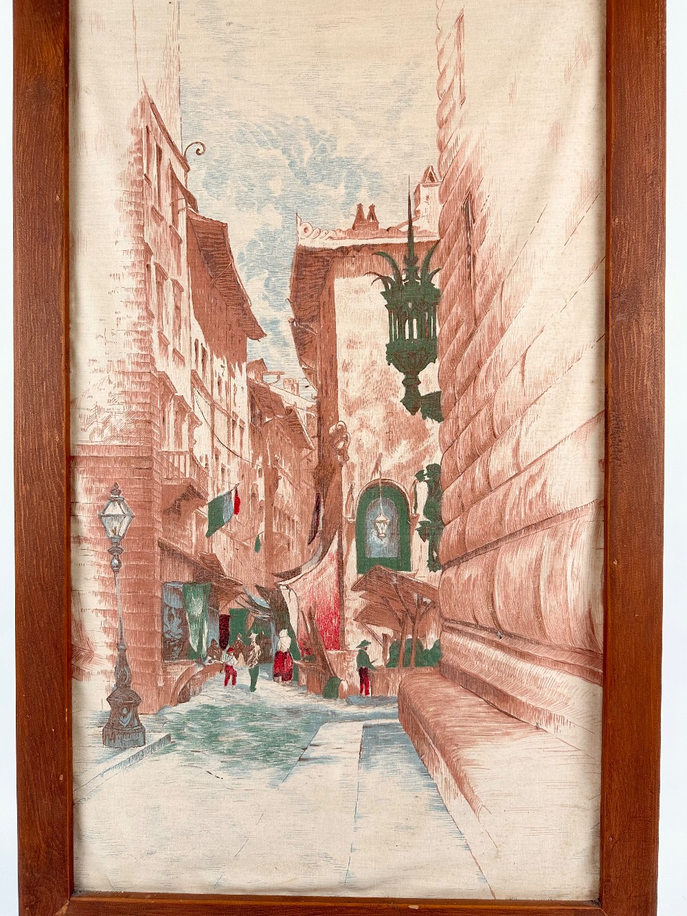Vintage mid-century European street scene textile print on cotton fabric, circa early–mid 1950s
