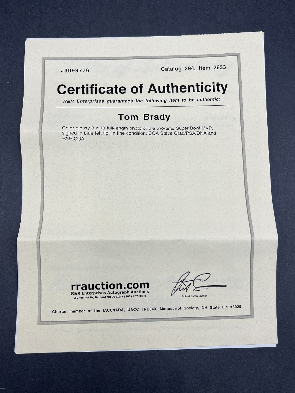 Tom Brady Autographed Photo, R&R Enterprises With COA, NFL