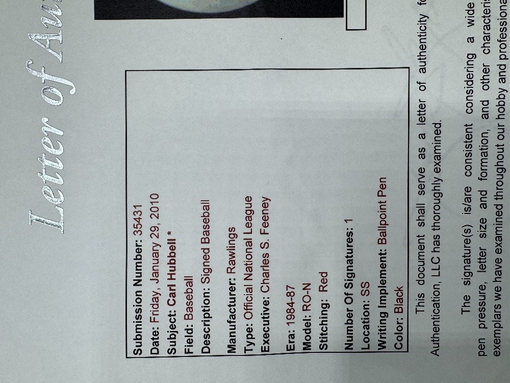 Carl Hubbell Autographed Baseball w/ JSA Letter of Authenticity