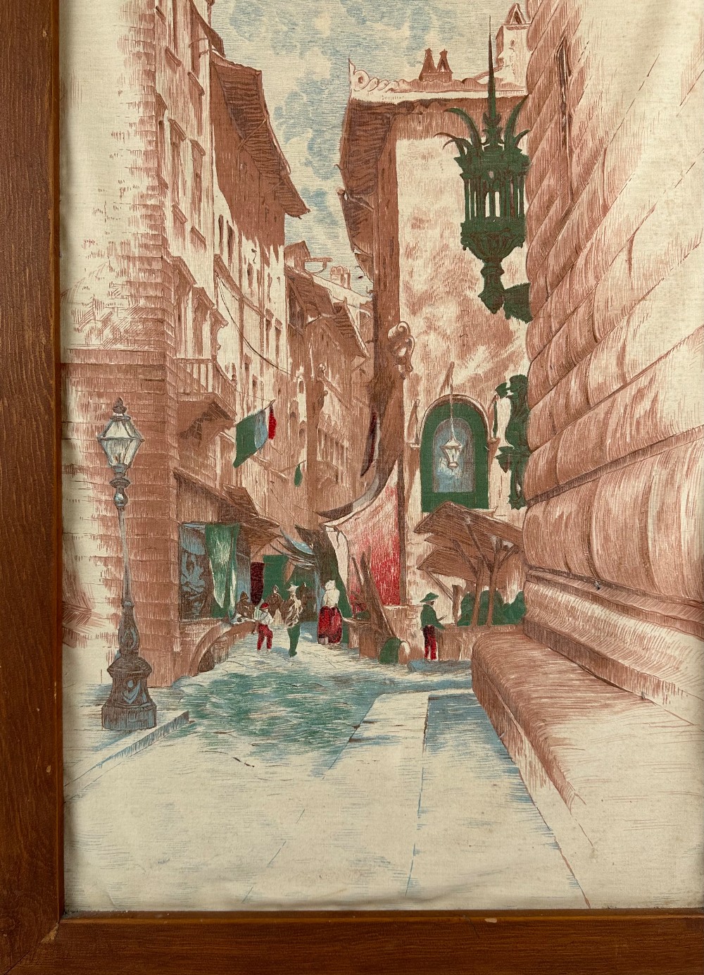 Vintage mid-century European street scene textile print on cotton fabric, circa early–mid 1950s