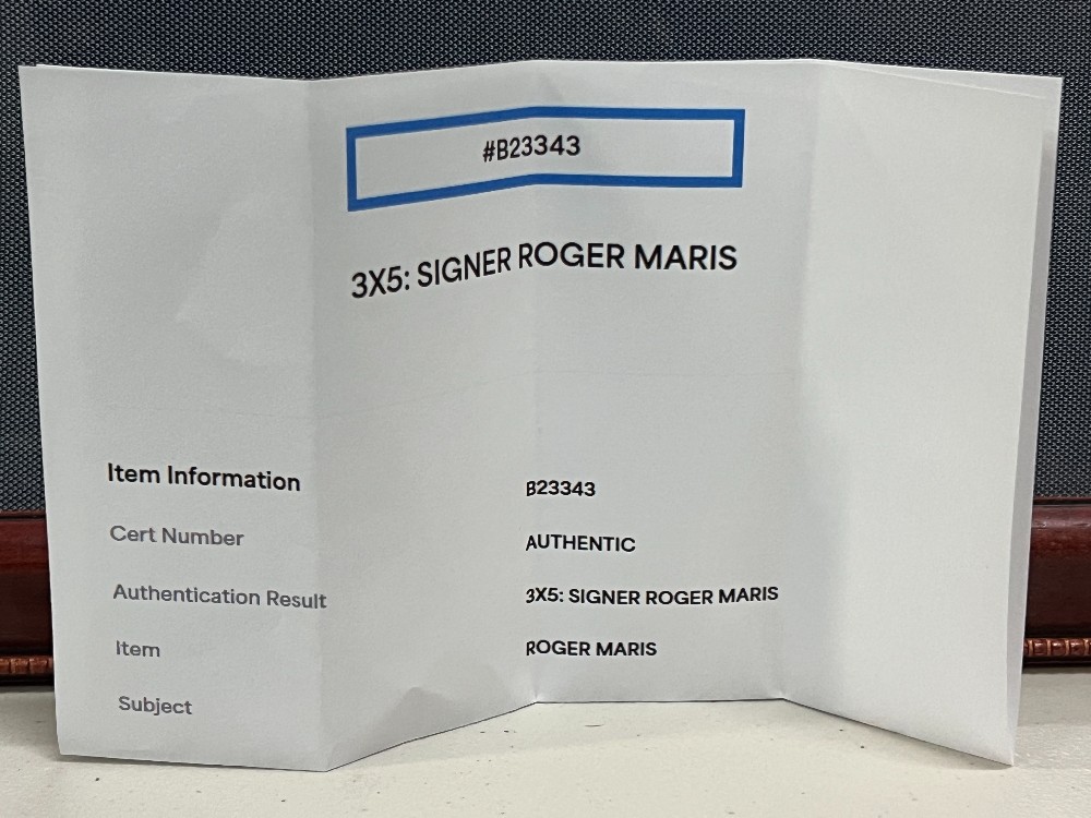 Roger Maris, Frame: 14 ⅝” x 18 ⅝” H, 3x5 Signed, PSA/DNA With Letter Of Authenticity