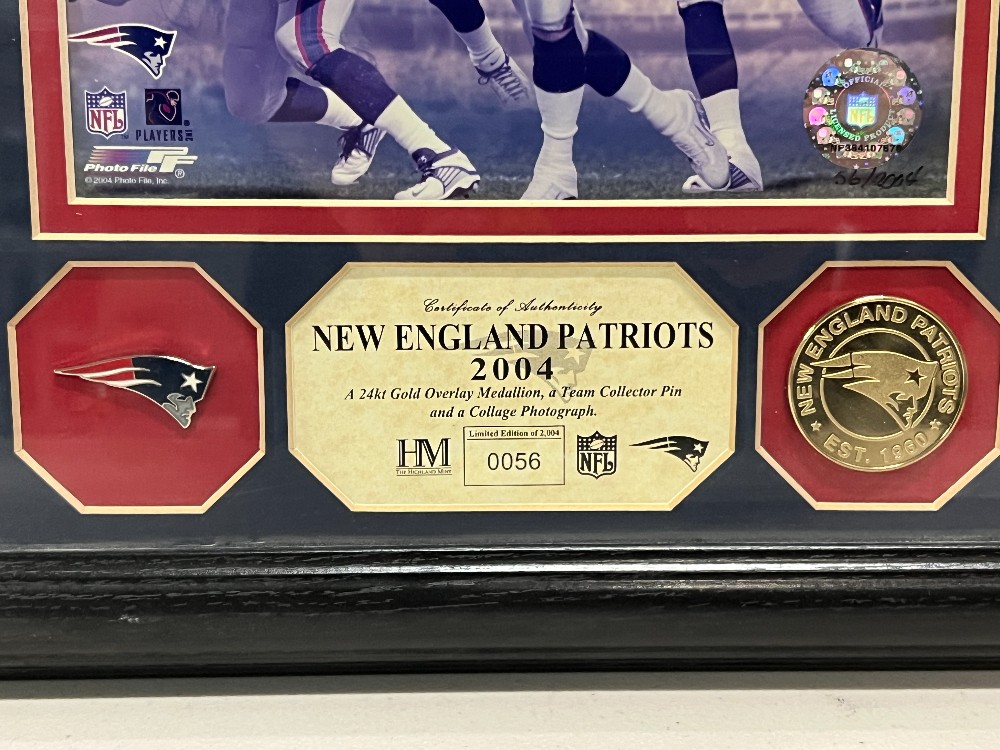 2004 New England Patriots Gold Overlay Medallion, Team Collector Pin, and Collage Photograph 56/2004, Has NFL Sticker (Authentication Can’t Be Found)