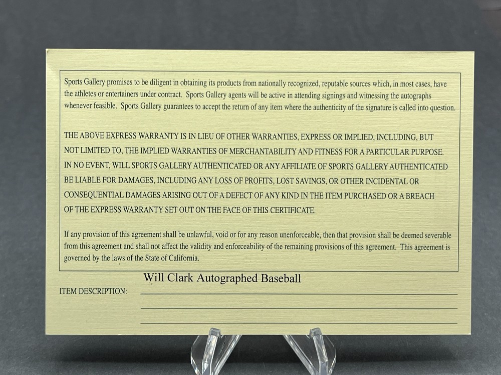 Will Clark Autographed Baseball, Sports Gallery With COA