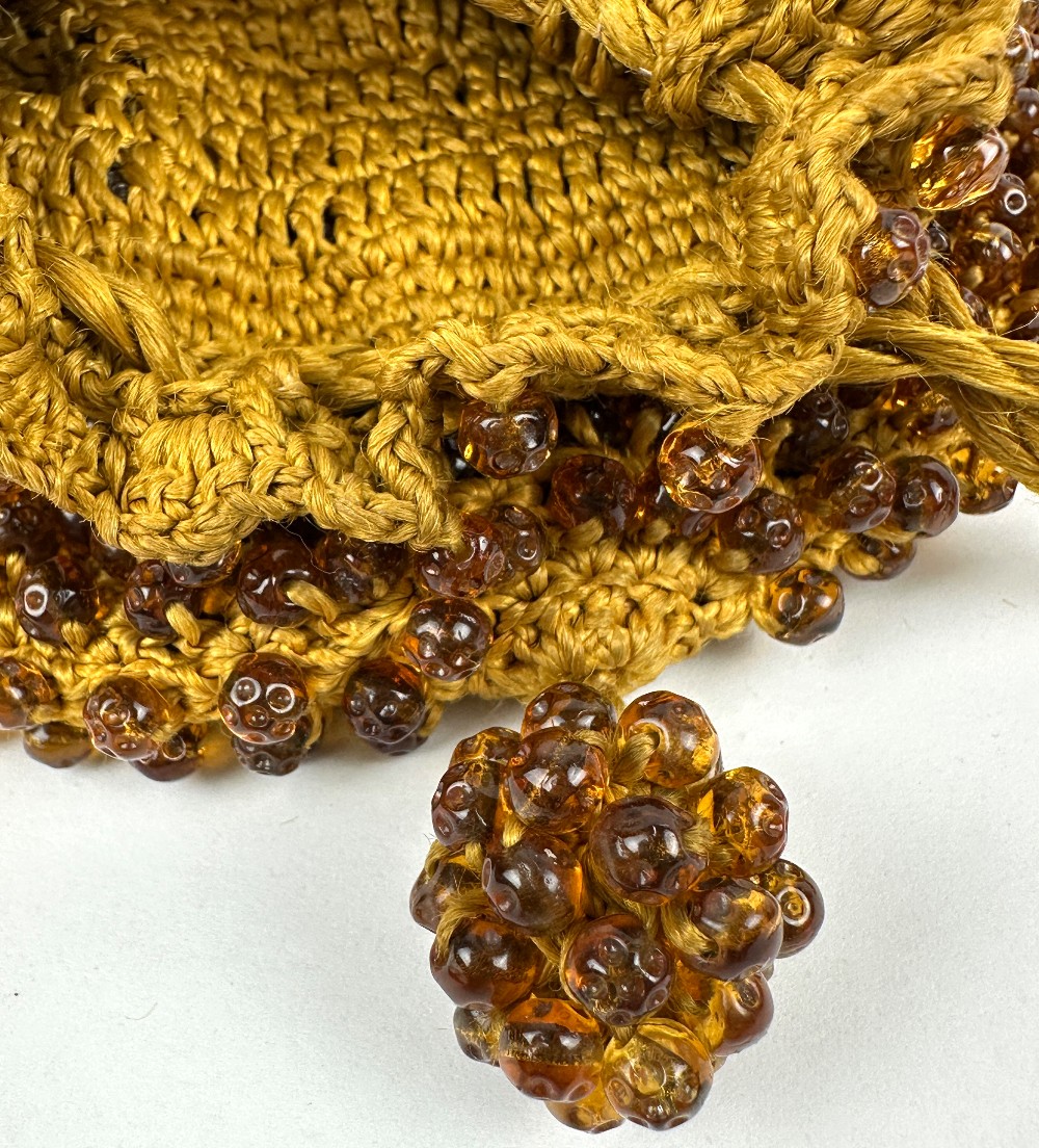 Vintage Amber Colored Glass Beaded Crochet Drawstring Purse