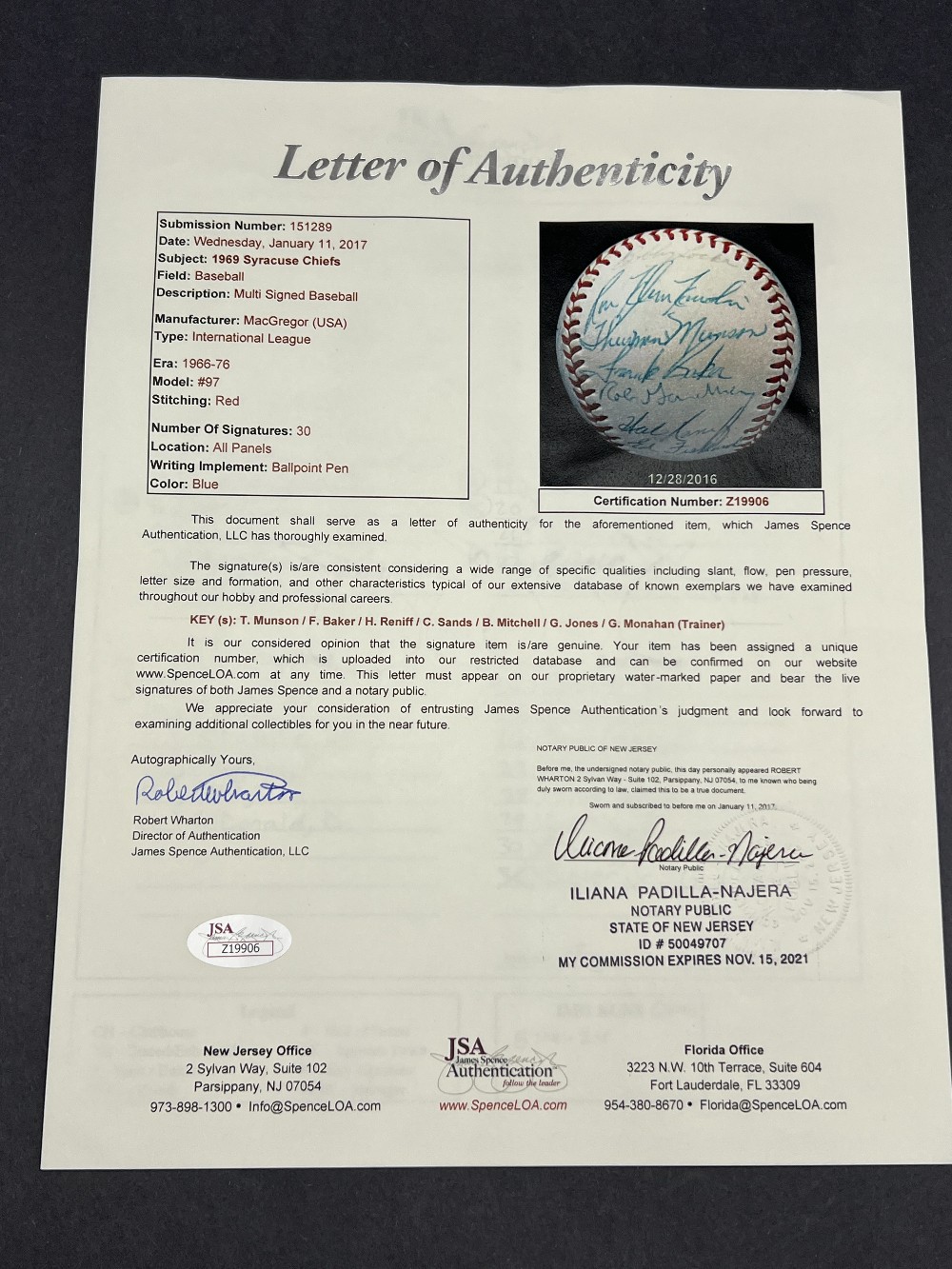 1969 Syracuse Chiefs Multi-Signed Baseball (List of Names in Description), JSA