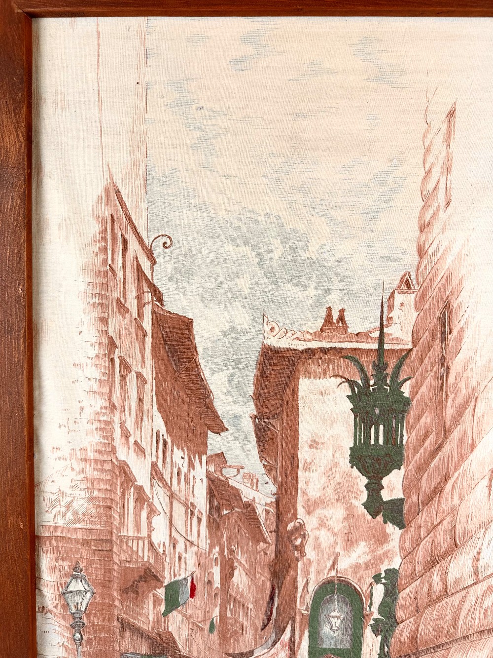 Vintage mid-century European street scene textile print on cotton fabric, circa early–mid 1950s