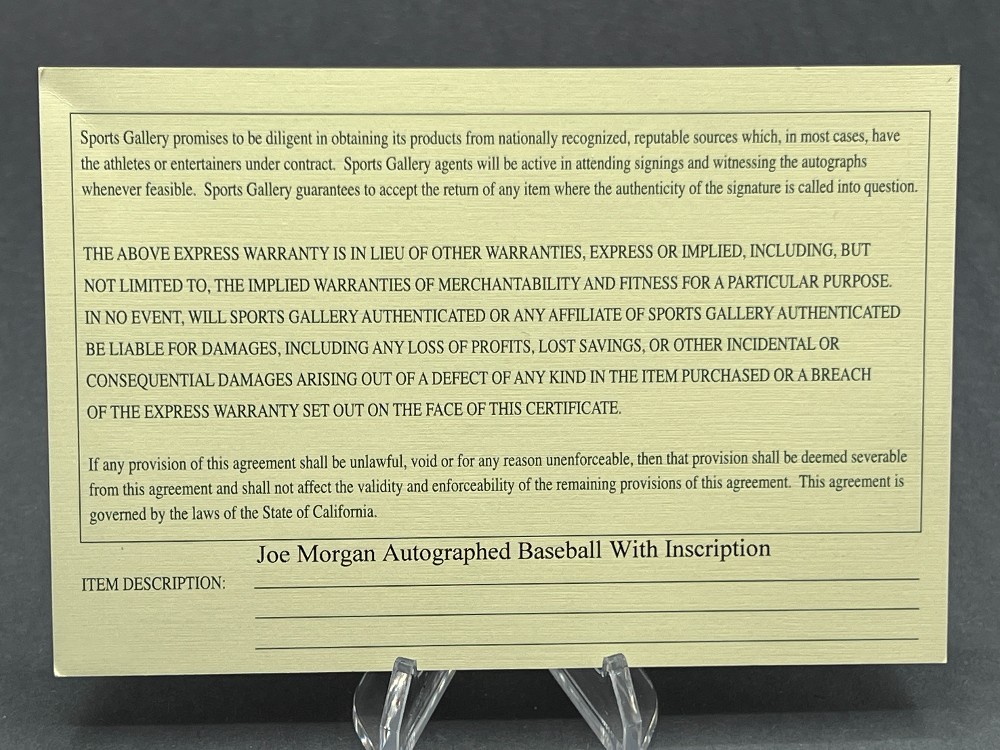 Joe Morgan Autographed Baseball “Big Red Machine, Hall of Fame 1990”, Sports Gallery With COA