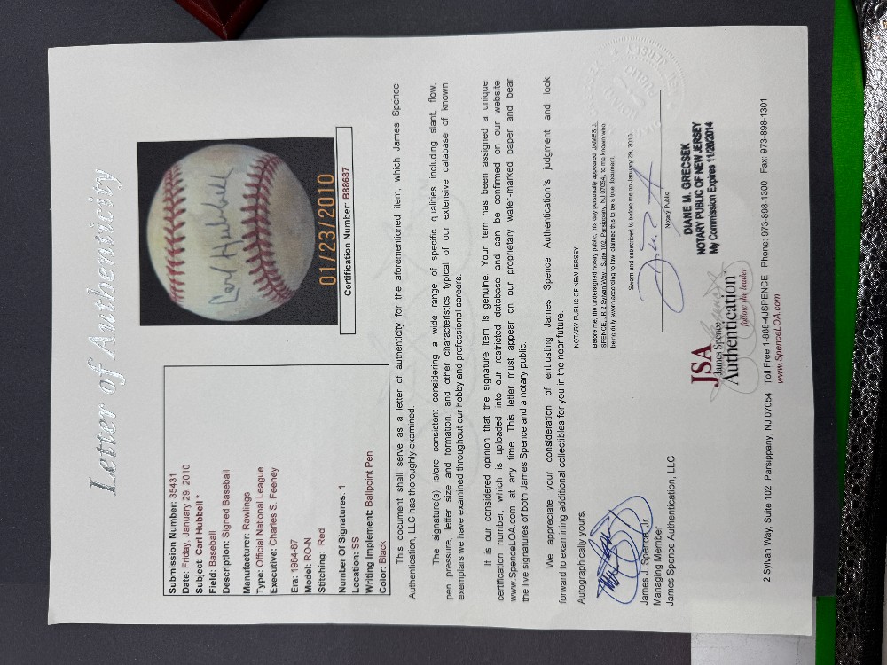 Carl Hubbell Autographed Baseball w/ JSA Letter of Authenticity