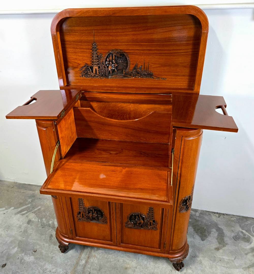 Mid-Century Oriental Hand Carved Teak Bar / Liquor Cabinet