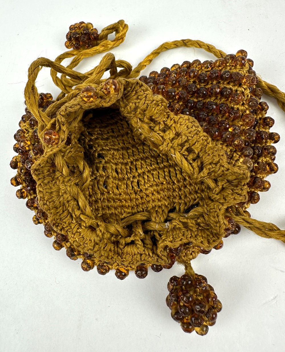 Vintage Amber Colored Glass Beaded Crochet Drawstring Purse