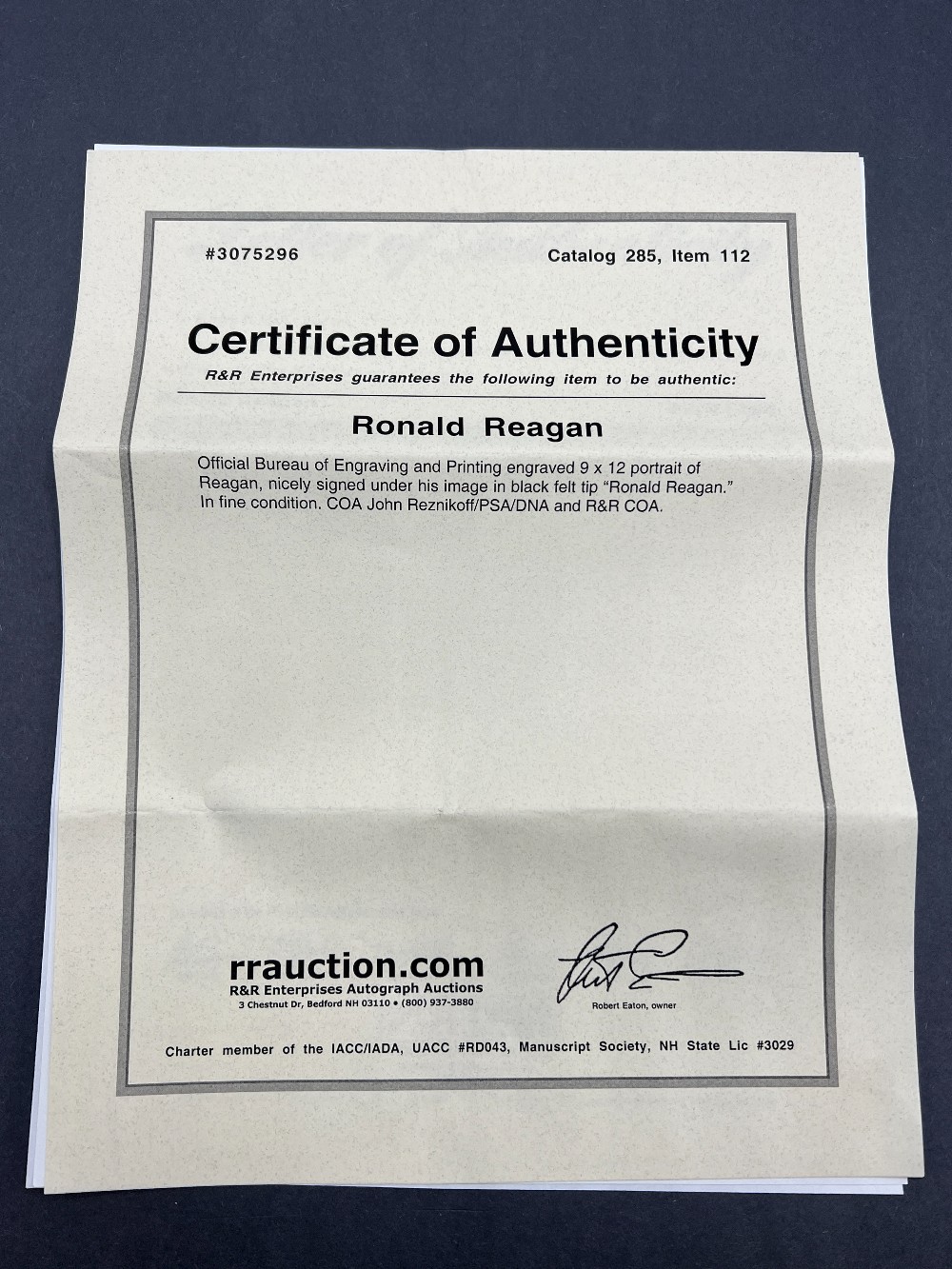 Ronald Reagan Signed Bureau of Engraving and Printing 9 x 12 Portrait, R&R Enterprises, PSA/DNA With COA