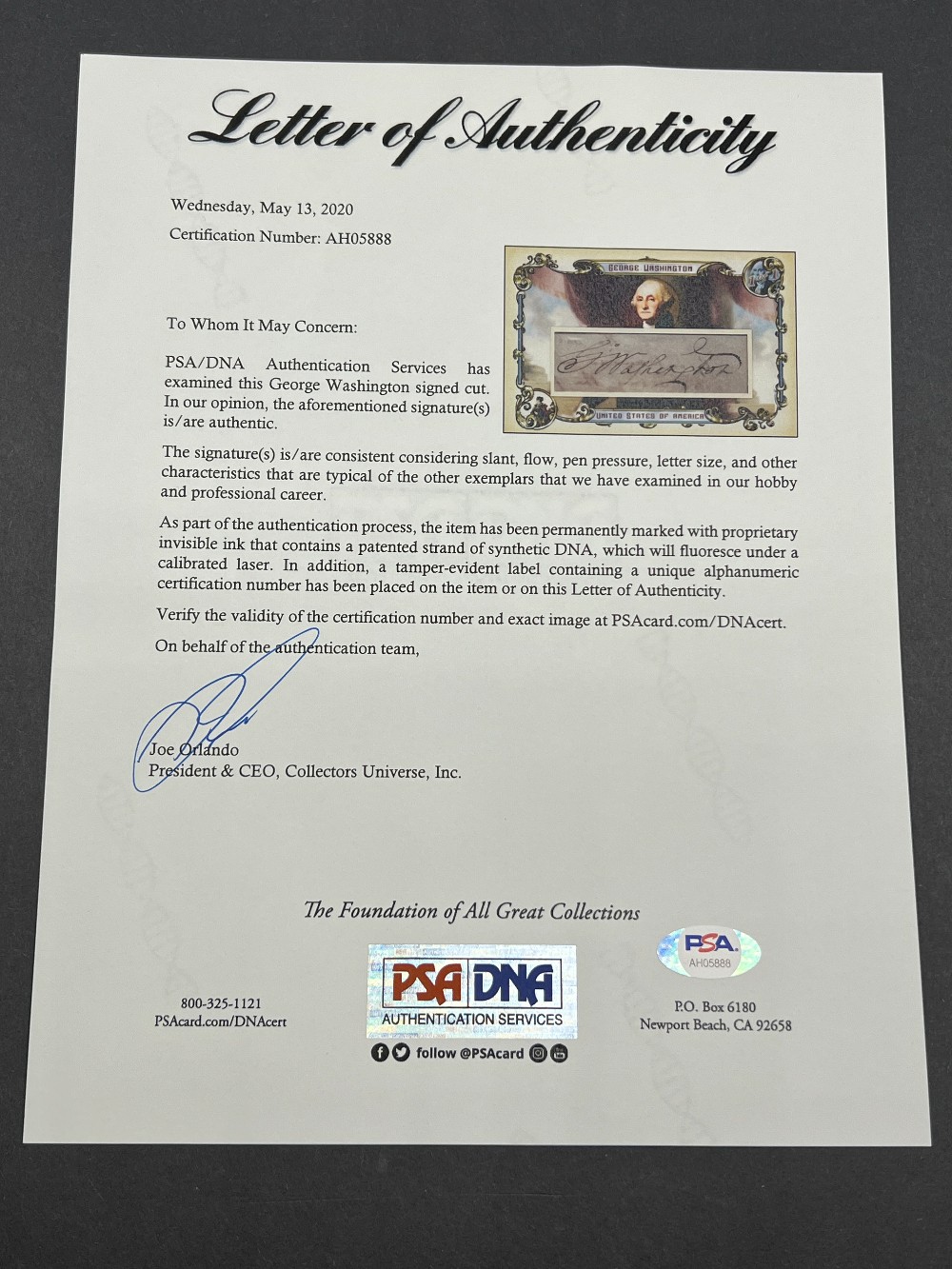 George Washington Signature, PSA/DNA With Letter Of Authenticity