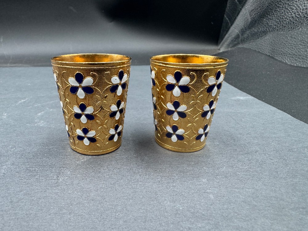Set of Two Russian Art Enamel / Cloisonne 1960s Vodka Shot Glasses