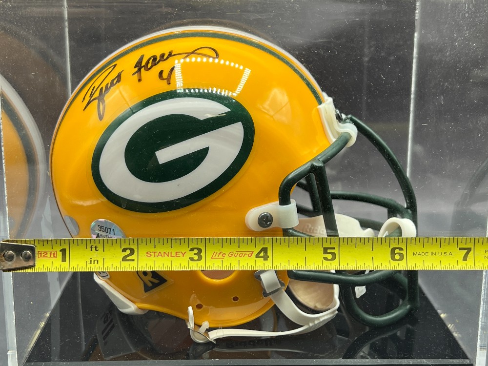 Brett Favre Autographed Mini Football Helmet “#4”, Mounted Memories