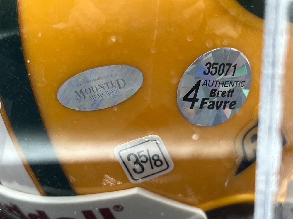 Brett Favre Autographed Mini Football Helmet “#4”, Mounted Memories