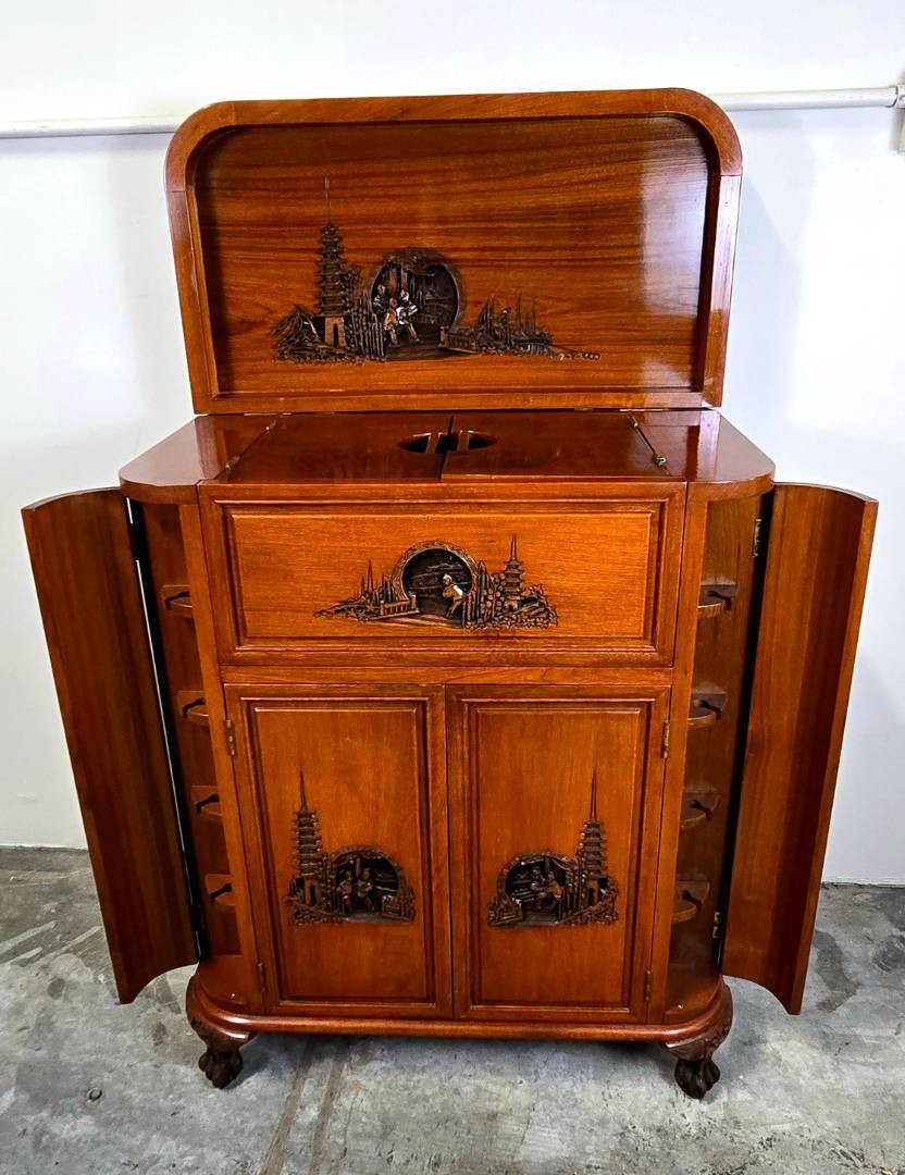 Mid-Century Oriental Hand Carved Teak Bar / Liquor Cabinet