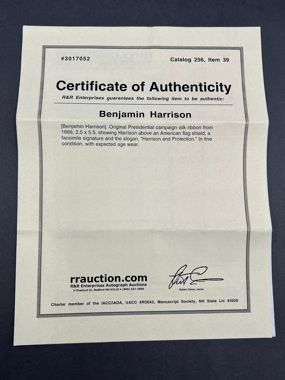 Benjamin Harrison Original Presidential Campaign Silk Ribbon, 2.5 x 5.5, R&R Enterprises With COA