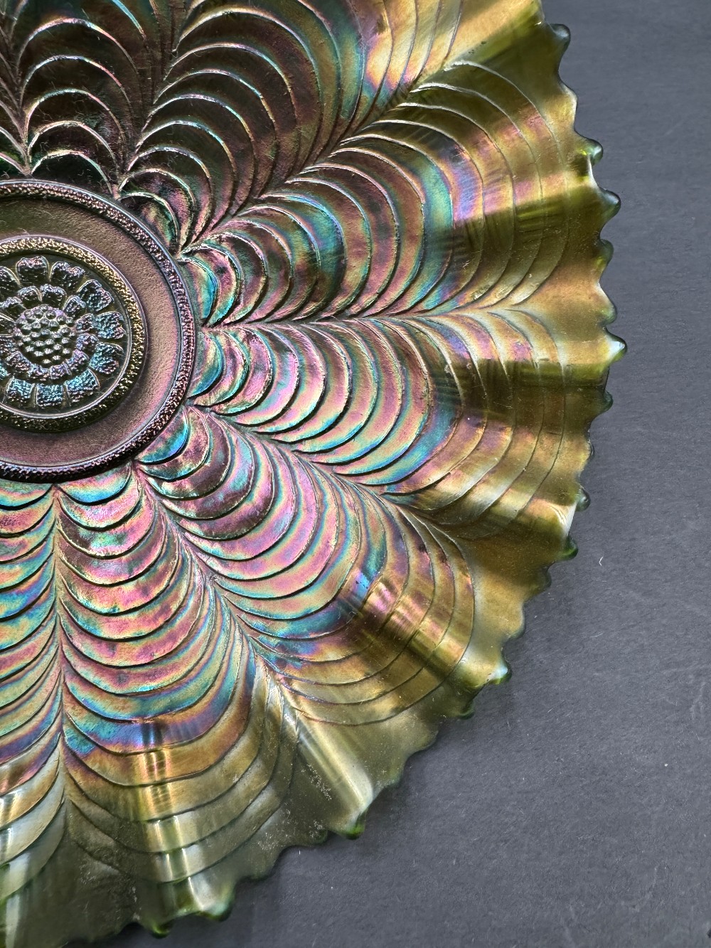 Fenton Peacock Tail Carnival Glass Bowl