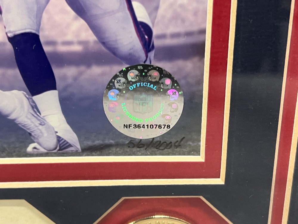 2004 New England Patriots Gold Overlay Medallion, Team Collector Pin, and Collage Photograph 56/2004, Has NFL Sticker (Authentication Can’t Be Found)