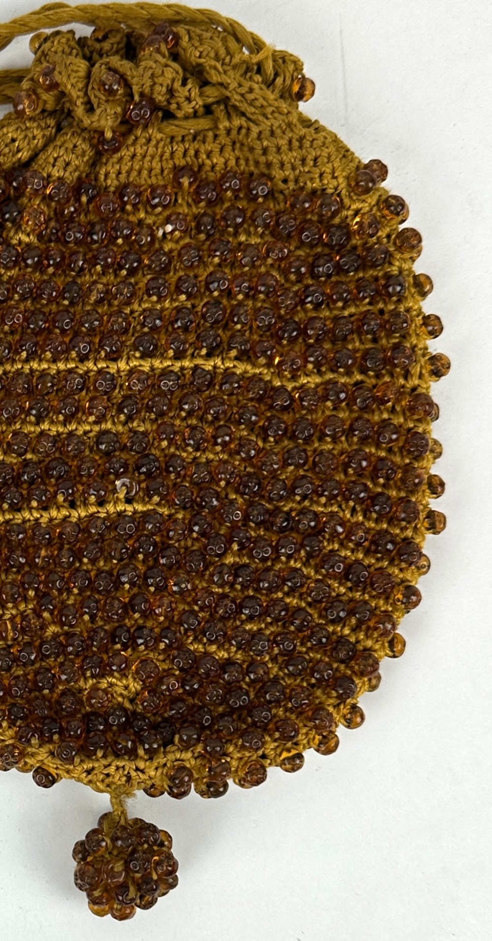 Vintage Amber Colored Glass Beaded Crochet Drawstring Purse