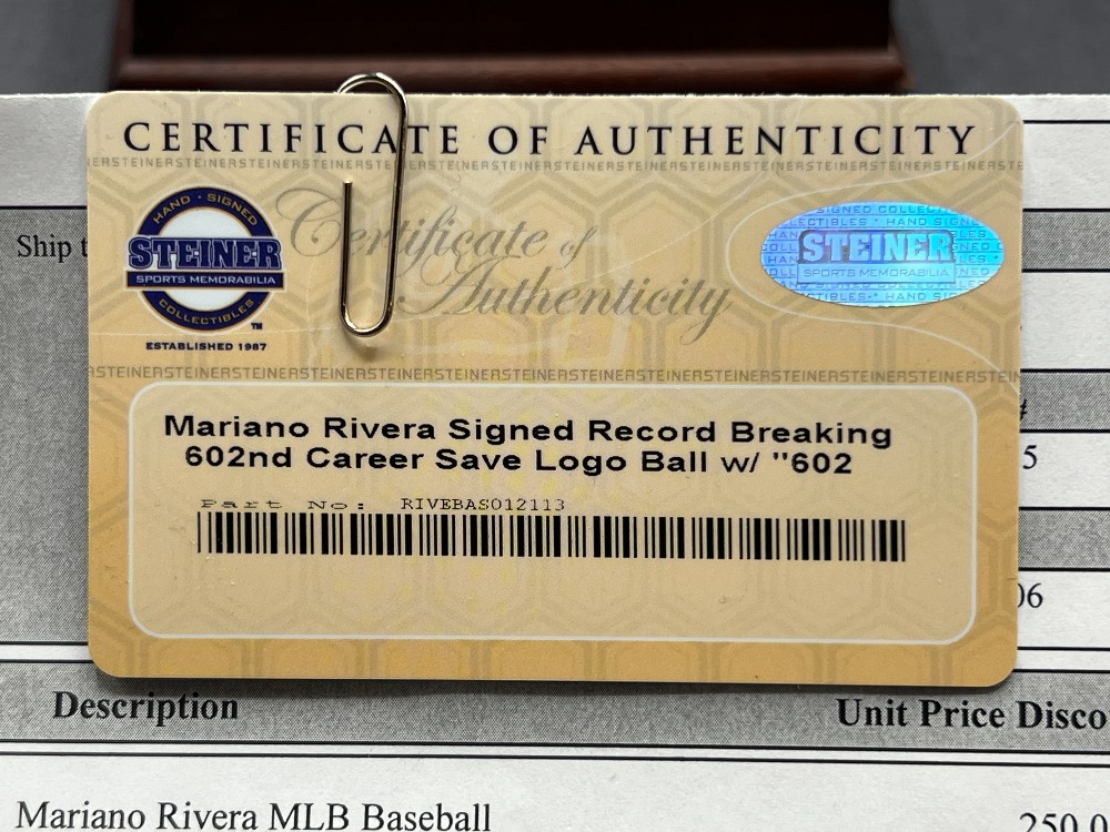 Mariano Rivera Autographed Baseball “602 Saves 9-19-11”, Steiner With Invoice