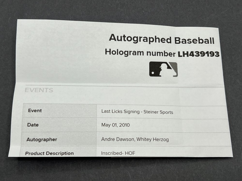 Andre Dawson and Whitney Herzog Double Autographed Baseball “HOF 2010, HOF 2010” MLB, Steiner