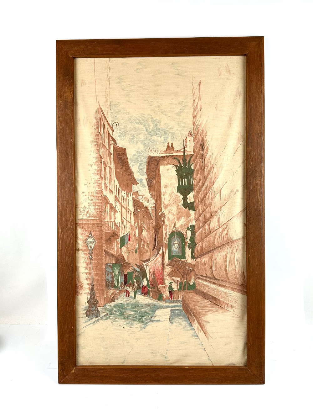 Vintage mid-century European street scene textile print on cotton fabric, circa early–mid 1950s