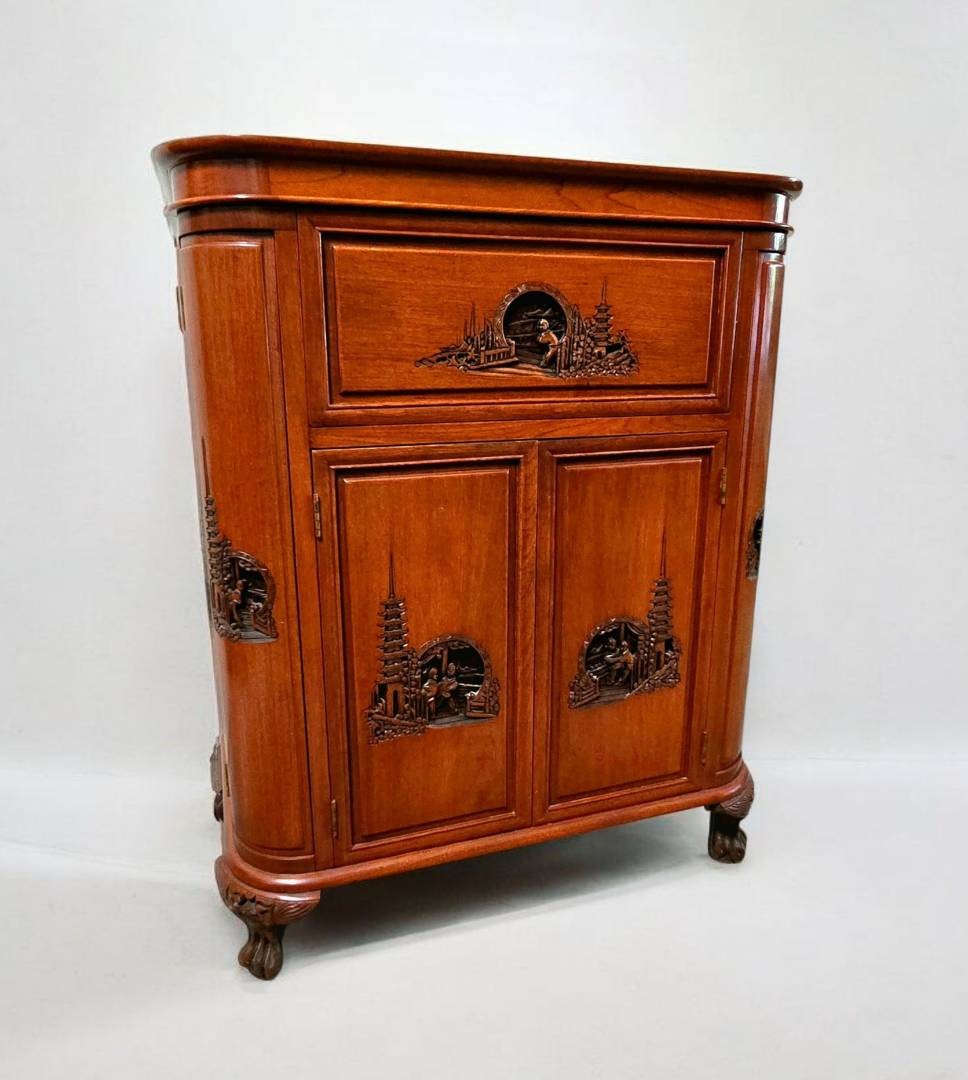 Mid-Century Oriental Hand Carved Teak Bar / Liquor Cabinet