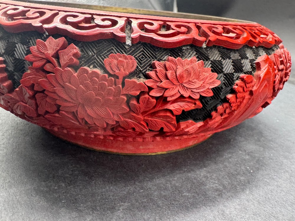 Chinese Cinnabar Style Bowl with Red Raised Carving on Black Ground, Blue Enamel Interior