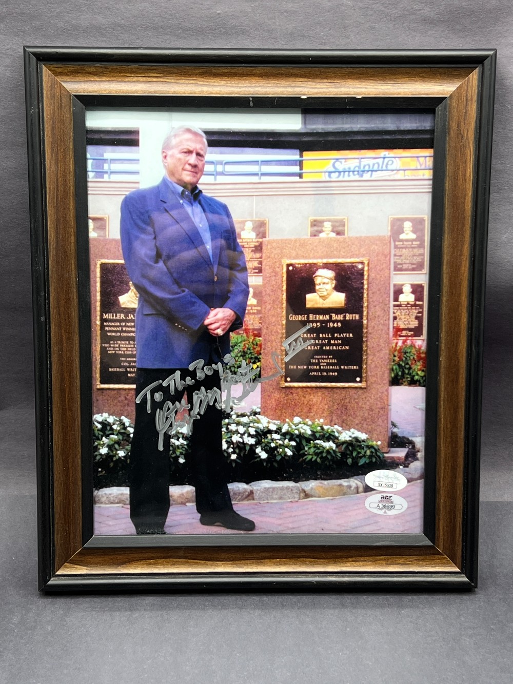 George Steinbrenner Signed Picture with Inscription: “To The Boys”, Frame: 10” x 12” H, Autograph Certification Experts, JSA With Letter Of Authenticity