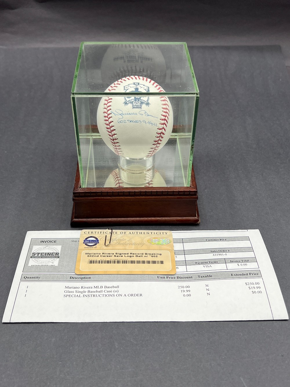 Mariano Rivera Autographed Baseball “602 Saves 9-19-11”, Steiner With Invoice