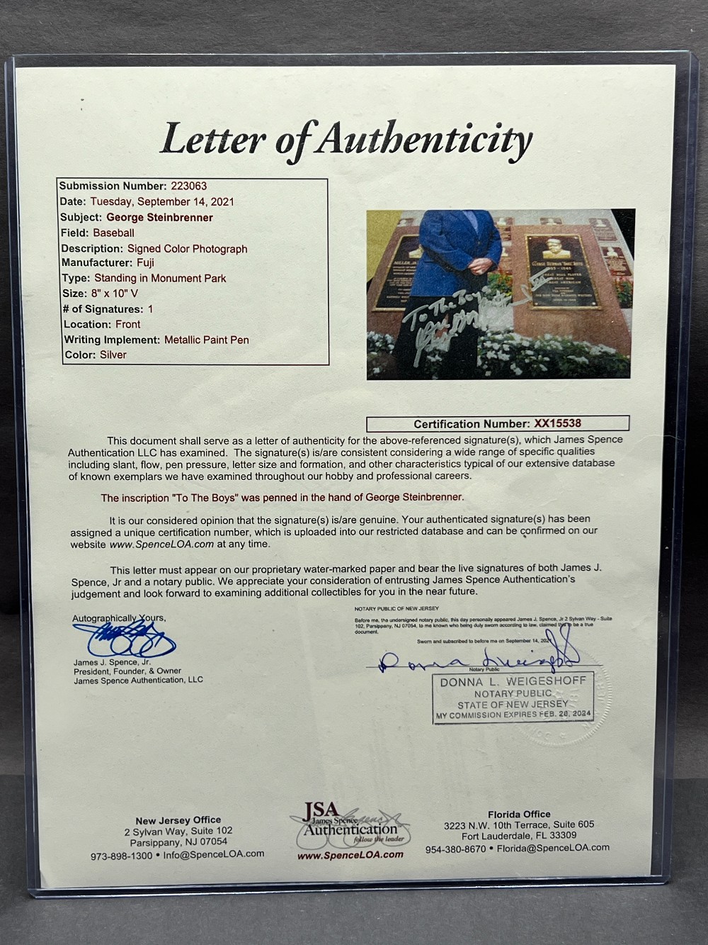 George Steinbrenner Signed Picture with Inscription: “To The Boys”, Frame: 10” x 12” H, Autograph Certification Experts, JSA With Letter Of Authenticity