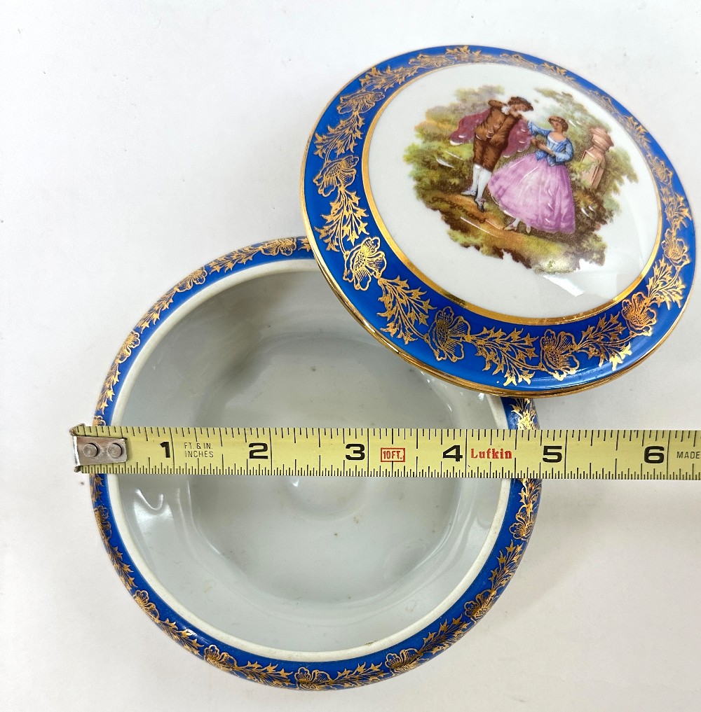 Antique Limoges Fragonard Blue Porcelain Jewelry / Trinket Box