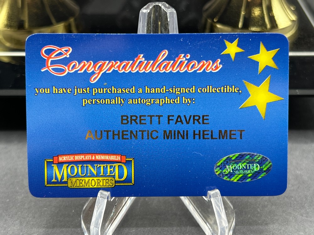 Brett Favre Autographed Mini Football Helmet “#4”, Mounted Memories