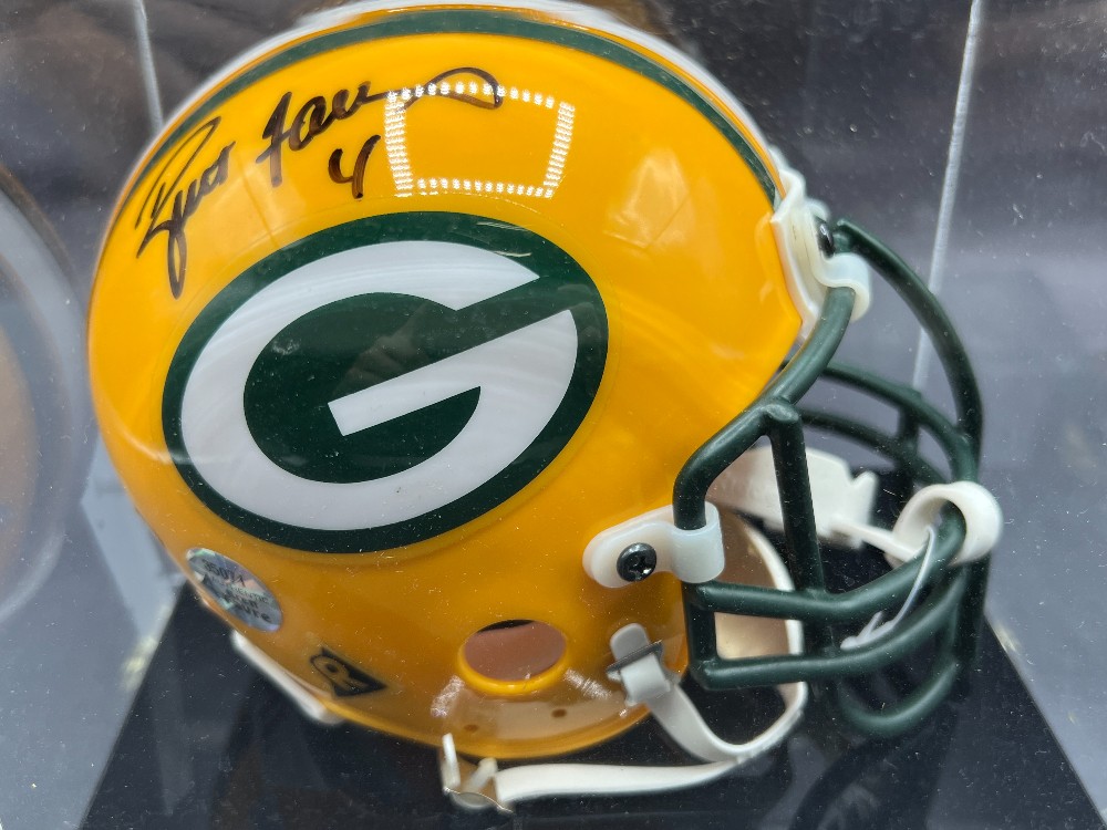 Brett Favre Autographed Mini Football Helmet “#4”, Mounted Memories
