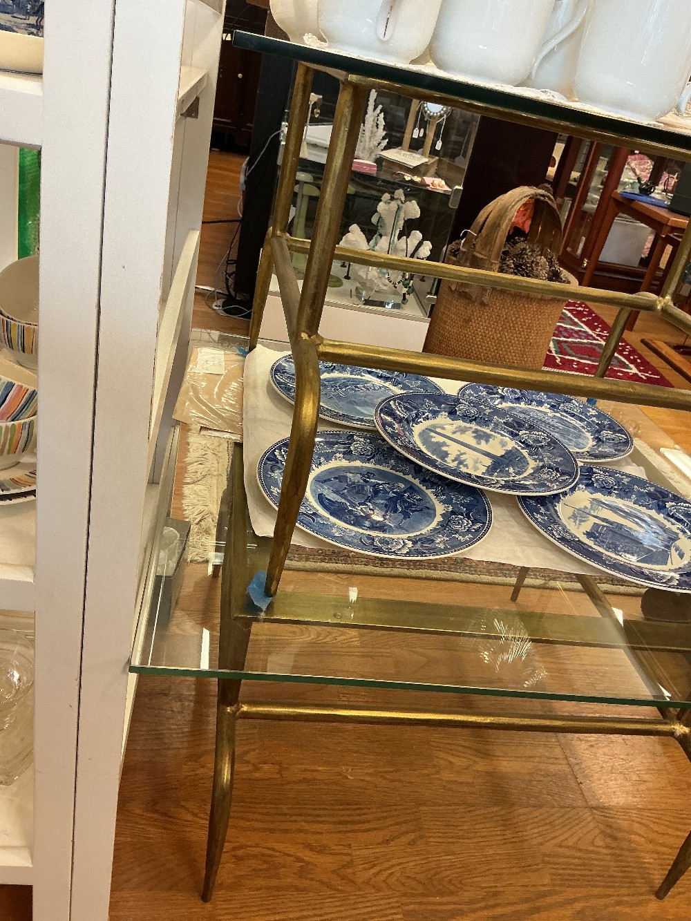 Brass and glass side tables, pair