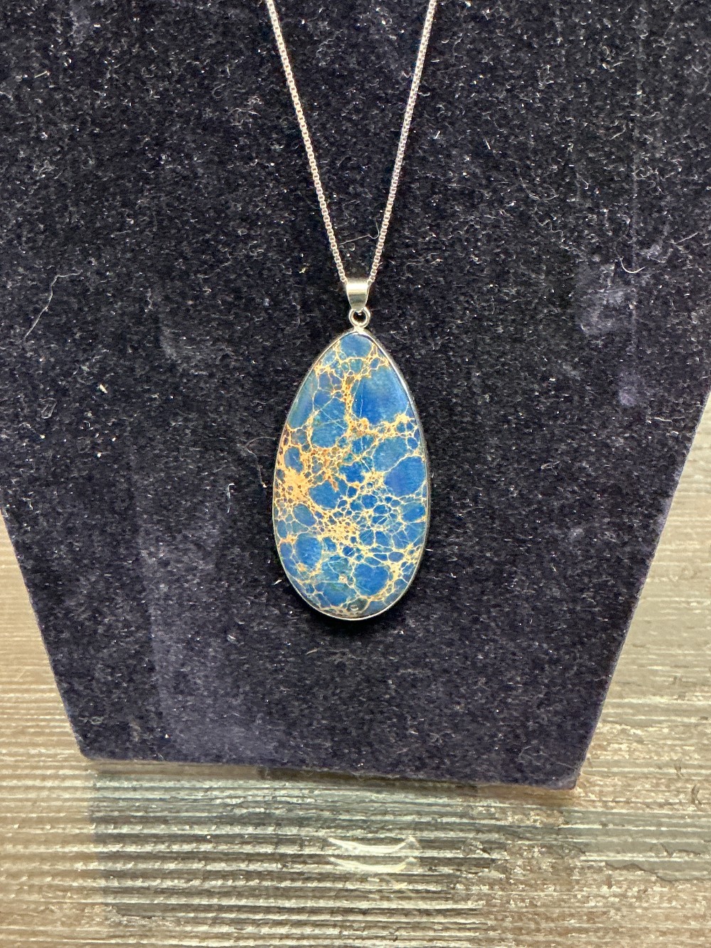 Sterling 24in Necklace w Jasper-like Lg Cabochon Stone