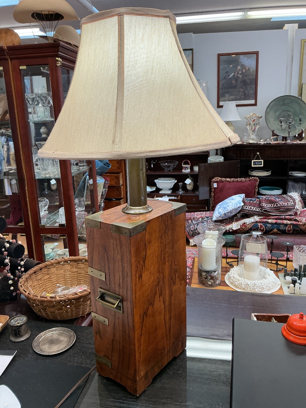 Vintage Hardwood Table Lamp Brass Accents