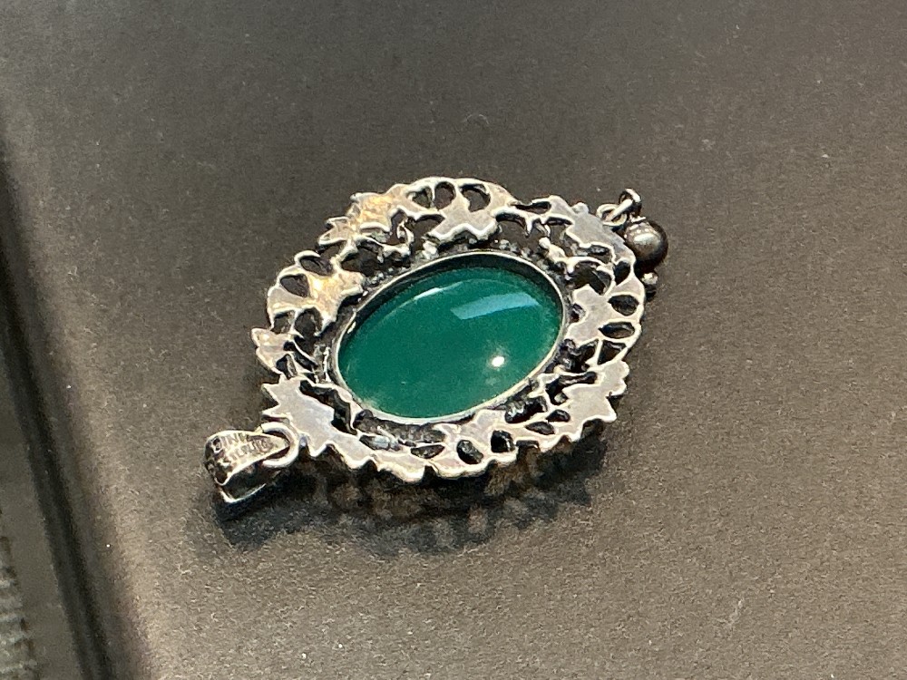 Vintage Sterling and Green Stone Cabochon Pendant