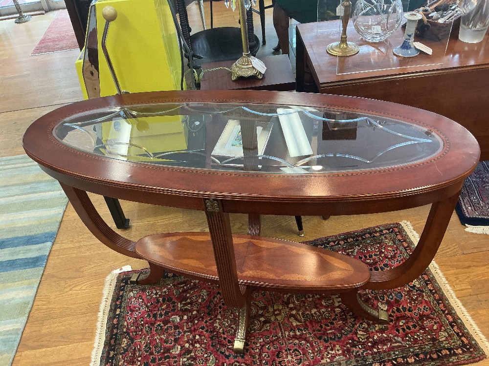 Oval Console Sofa Table w Tempered Beveled Glass Insert