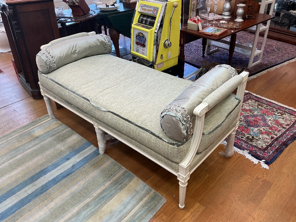 Custom upholstered bench with 2 bolster pillows