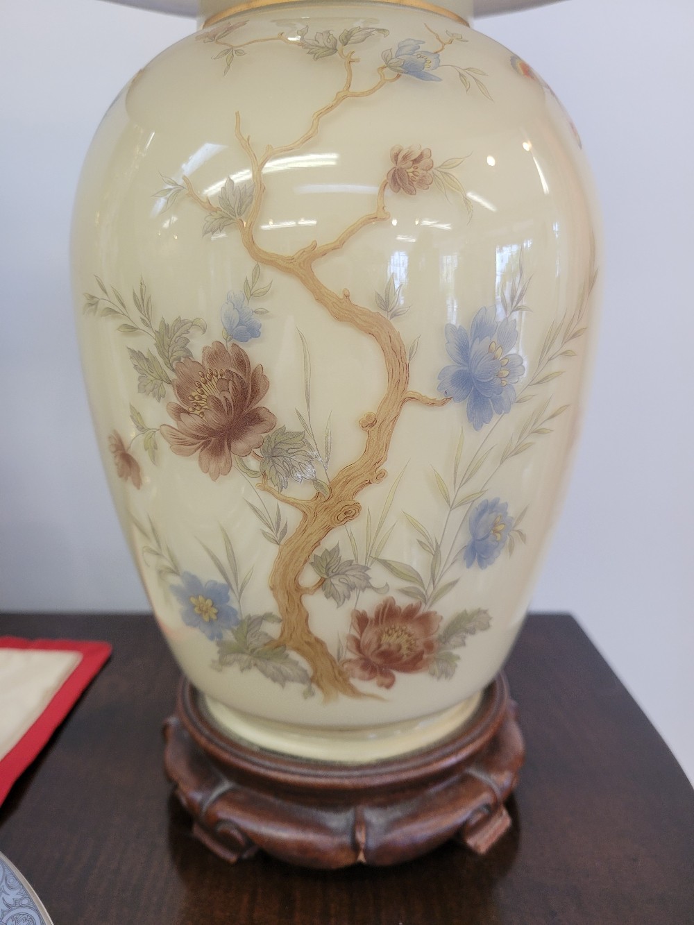 Pair of Asian Lamps w/ Shades, On Wood Stands