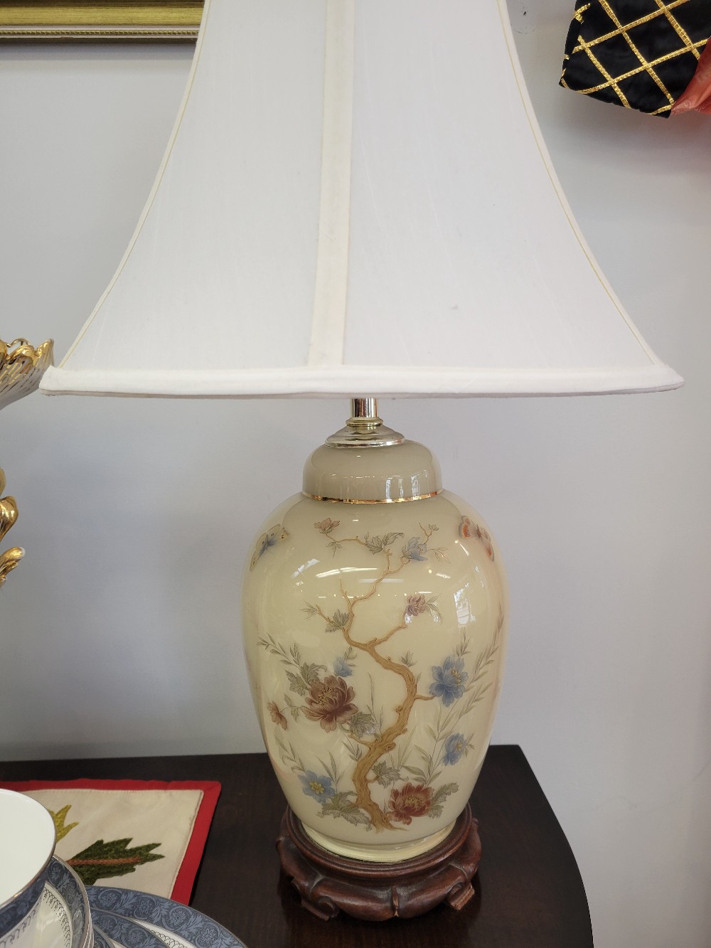 Pair of Asian Lamps w/ Shades, On Wood Stands