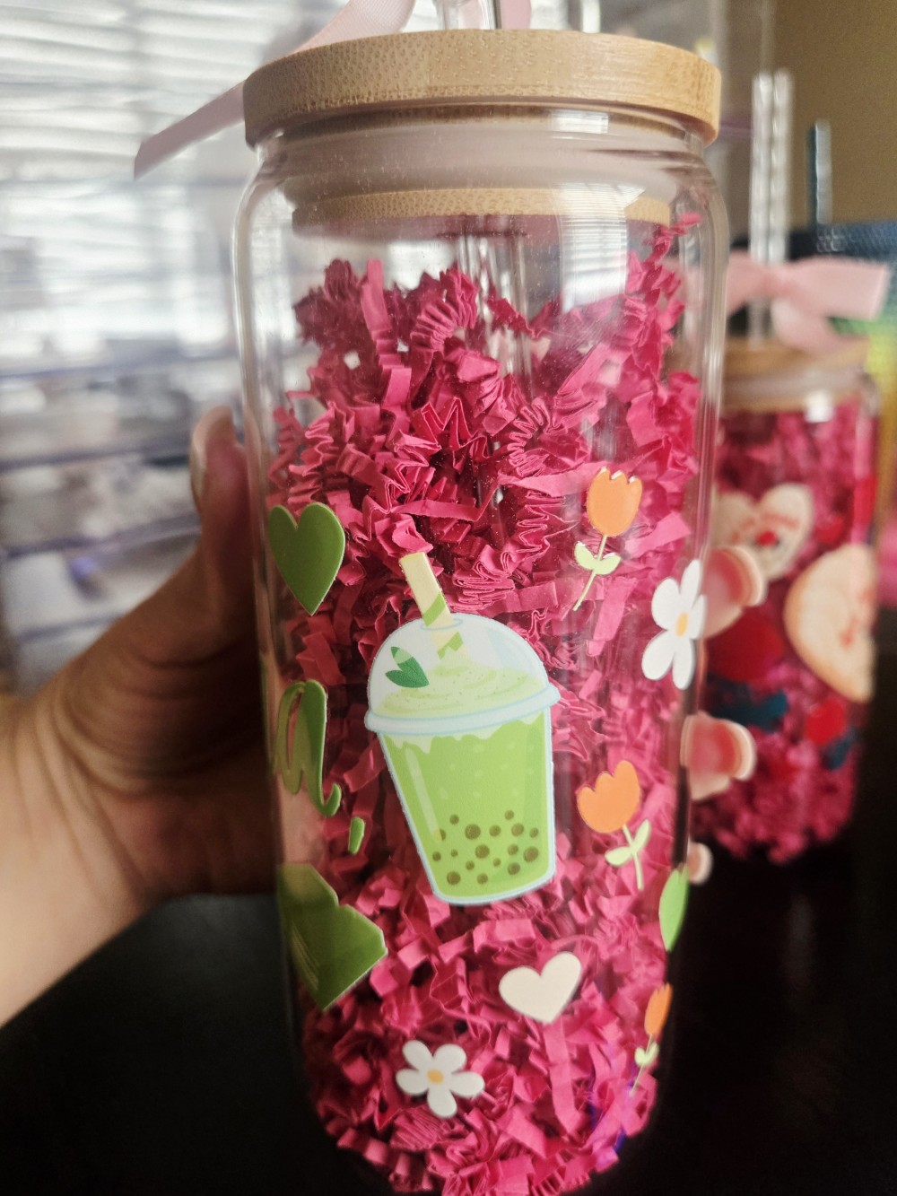 20oz Rd. Glass Tumbler w/bamboo lid & glass straw-Matcha UV DTF Wrap