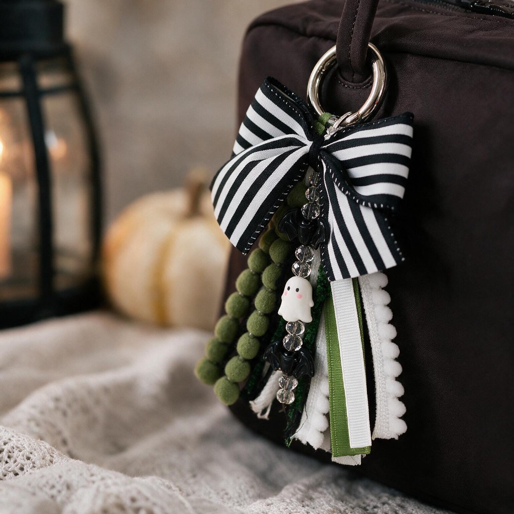 Black & White Striped Bow Halloween Bag Charm
