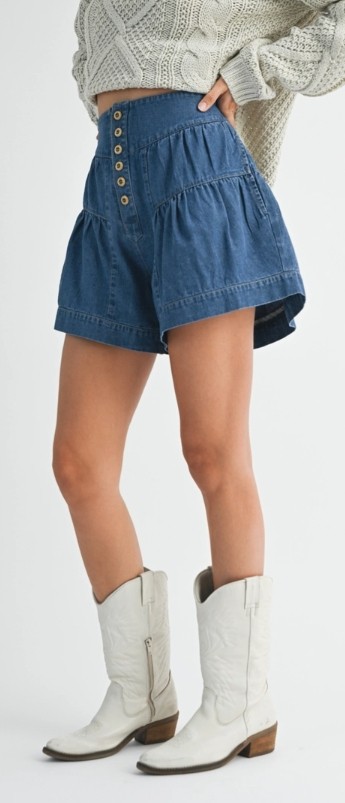 High-Rise Tiered Button Front Denim Shorts