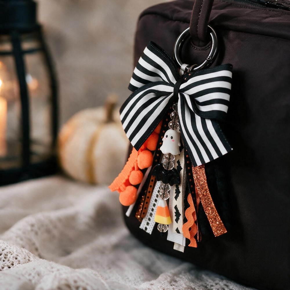 Black & White Striped Bow Halloween Bag Charm